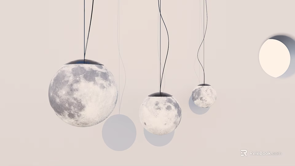 Three Realistic Moon Shaped Pendant Lights Hanging Against Light Background 3d model