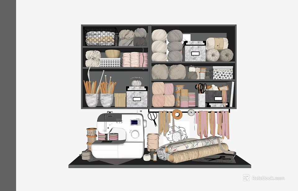 Organized Craft Workstation With Sewing Machine Yarn Balls And Fabric Rolls 3d model 