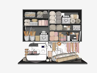 Organized Craft Workstation With Sewing Machine Yarn Balls And Fabric Rolls 3d model