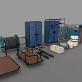 Various Industrial Equipment Including Blue Lockers Metal Shelves Gas Cylinders Fire Extinguishers And Control Panels