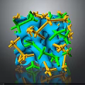 3D Geometric Cube Structure With Blue Green Yellow Interconnected Molecular Strands