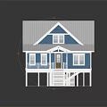 Blue House With White Roof Front Porch Staircase Green Lawn And Gray Ground