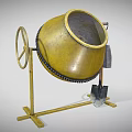 Yellow Construction Concrete Mixer On Metal Stand With Wheel And Shovel