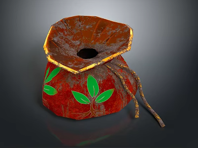 Decorative Red Bag With Green Leaf Patterns Brown Rim And String Decorations 3d model