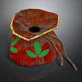 Decorative Red Bag With Green Leaf Patterns Brown Rim And String Decorations