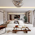Modern Living Dining Room Interior With Large Windows White Sofa Rug And TV Wall