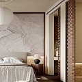 Minimalist Bedroom Interior With Marble Accent Wall White Bedspread Wooden Furniture And Round Pendant Light