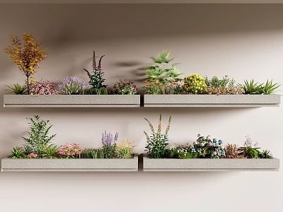 Diverse Colorful Plants And Flowers On Three Gray Shelves Against Light Brown Wall 3d model
