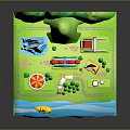 Vibrant Cartoon Scene Featuring Ferris Wheel Carousel Panda Boat Tent Trees And Green Mountains