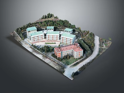 Cartoon Style Building Complex Scene With Green Red Roofs Trees And Road 3d model