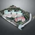 Cartoon Style Building Complex Scene With Green Red Roofs Trees And Road