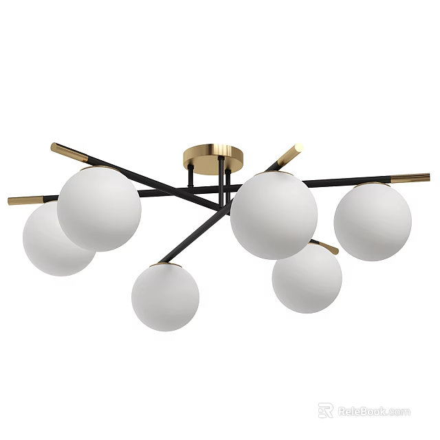 Black Metal Cross Design Chandelier With Golden Base And Six White Spherical Shades 3d model 