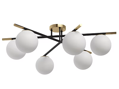 Black Metal Cross Design Chandelier With Golden Base And Six White Spherical Shades 3d model