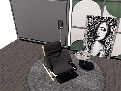 Modern Black Lounge Chair On Wooden Floor With Round Rug Side Table And Portrait 3d model