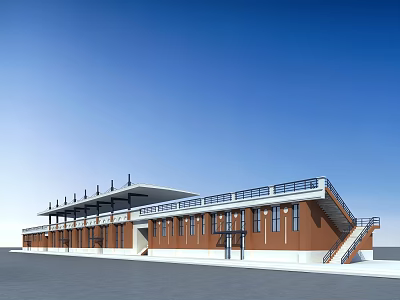 Modern Red Brick Building With White Roof Railing And Staircase Against Clear Blue Sky 3d model