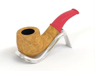 Wooden Smoking Pipe With Red Mouthpiece And Metal Stand As Lifestyle Product 3d model
