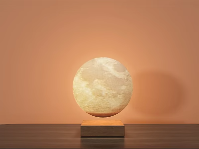 Moon Shaped Illuminated Lamp with Wooden Base on Tabletop against Orange Background 3d model