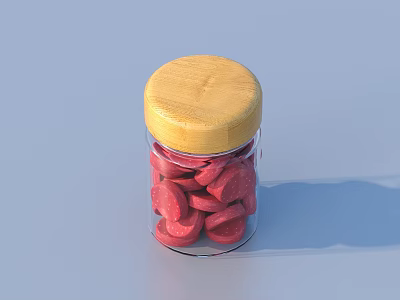 Red Round Food Pieces in Transparent Glass Jar With Yellow Wooden Lid 3d model