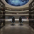 Modern Gaming Room Featuring Two Gaming Chairs Circular Ceiling Display Shelves Collectible Figures