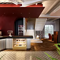 Modern Café Interior With Upper Level Seating Comfortable Chairs Geometric Floor And Hanging Lights