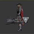 Game Movie Character Cowboy Style Armored Outfit With Red Cape And Large Mechanical Weapons