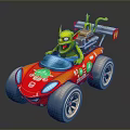 Green Animated Game Character Driving Red Racing Car With Big Wheels