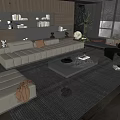 Modern Beige Sofa and Glass Coffee Table Set With Area Rug Bookshelf and Plants