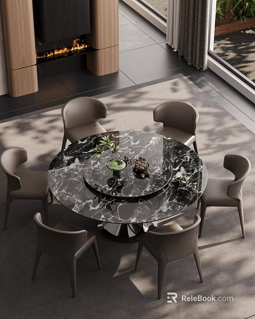 Elegant Restaurant Dining Area With Round Marble Table Six Grey Chairs Green Plant And Decorations Natural Light From Window 3d model 