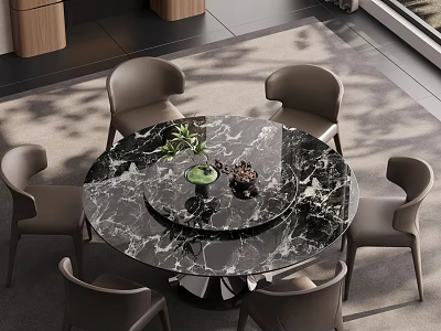 Elegant Restaurant Dining Area With Round Marble Table Six Grey Chairs Green Plant And Decorations Natural Light From Window 3d model