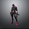 Cyberpunk Female Character With Pink Green Armor Goggles Mechanical Weapons Futuristic Sci Fi Outfit Design