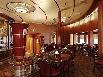 Modern Restaurant Interior With Bar Counter Tables Chairs And Ceiling Lights 3d model