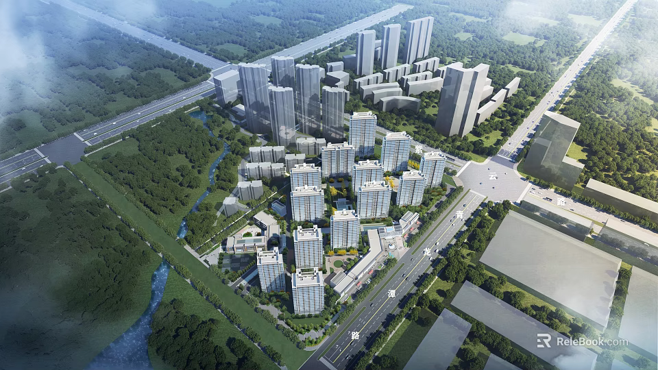 Birds Eye View Urban Planning With High Rise Buildings Green Spaces And River 3d model 