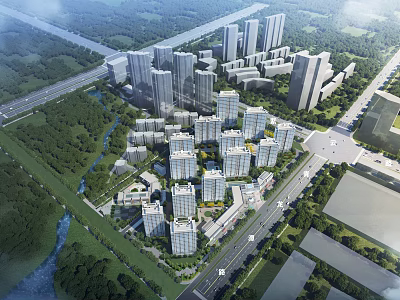 Birds Eye View Urban Planning With High Rise Buildings Green Spaces And River 3d model