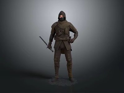Hooded Warrior In Brown Cloak Holding Long Sword On Gray Background 3d model
