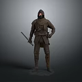 Hooded Warrior In Brown Cloak Holding Long Sword On Gray Background