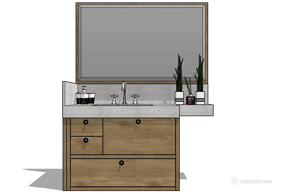 Modern Bathroom Vanity With Wooden Cabinet Mirror Countertop Toiletries And Potted Plants 3d model 