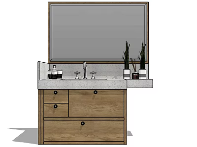 Modern Bathroom Vanity With Wooden Cabinet Mirror Countertop Toiletries And Potted Plants 3d model