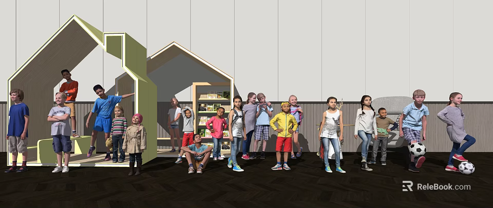 Group of Children Playing in Indoor Play Area with Small House and Shelves 3d model 
