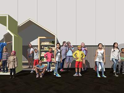 Group of Children Playing in Indoor Play Area with Small House and Shelves 3d model