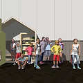 Group of Children Playing in Indoor Play Area with Small House and Shelves