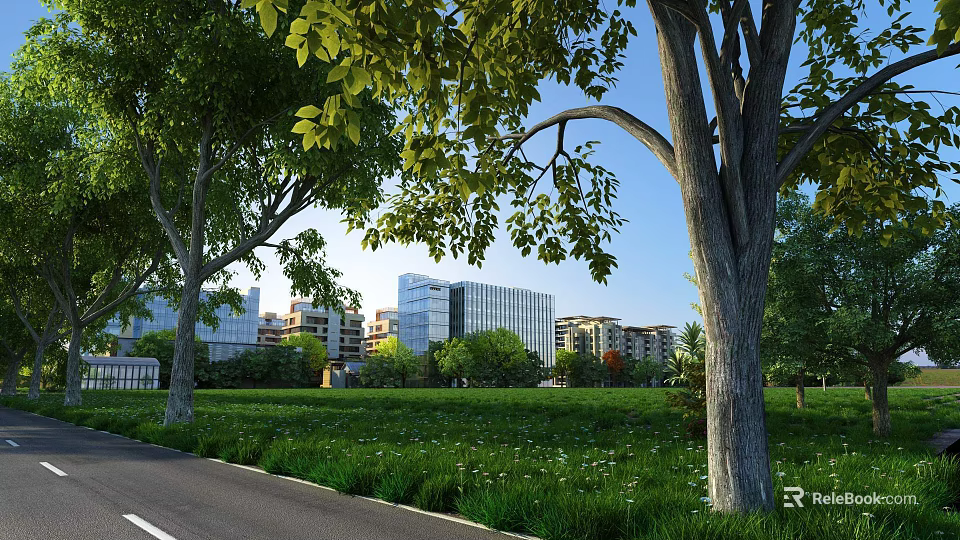 Scenic Municipal Road With Lush Trees Green Grass And Buildings Under Clear Blue Sky 3d model 