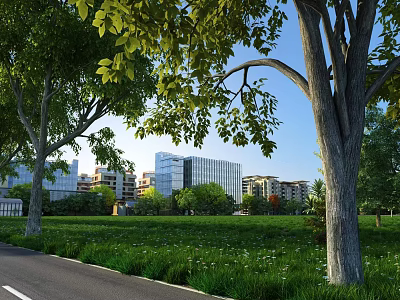 Scenic Municipal Road With Lush Trees Green Grass And Buildings Under Clear Blue Sky 3d model