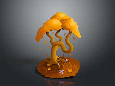 Yellow Tree With Curved Branches Falling Leaves Small Flowers And Butterflies At Base In Autumn 3d model