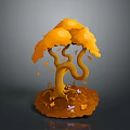 Yellow Tree With Curved Branches Falling Leaves Small Flowers And Butterflies At Base In Autumn