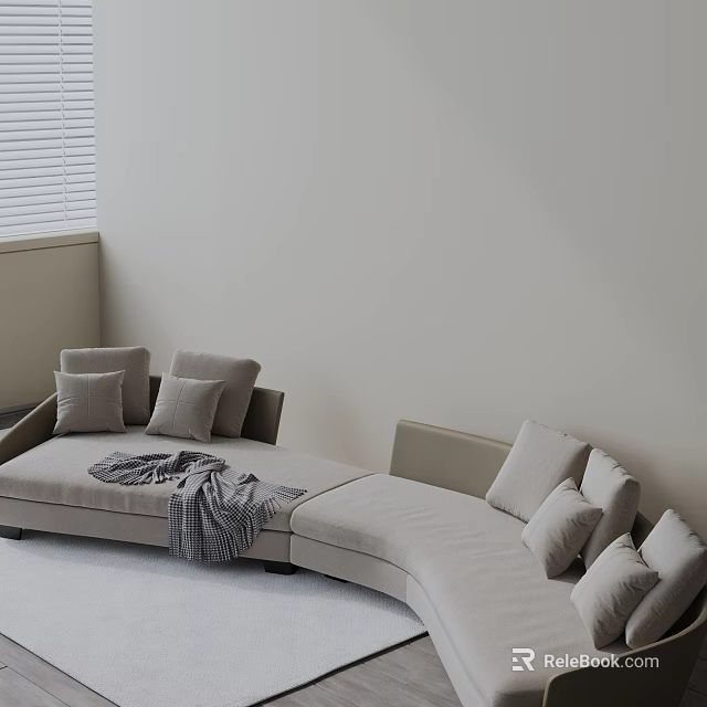 Light Beige L shaped Three seater Sofa With Cushions Gray Blanket Light Walls And Blinds 3d model 