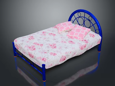 Blue Metal Bed With Headboard White Mattress Pink Floral Pattern And Two Pink Checkered Pillows 3d model