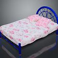 Blue Metal Bed With Headboard White Mattress Pink Floral Pattern And Two Pink Checkered Pillows