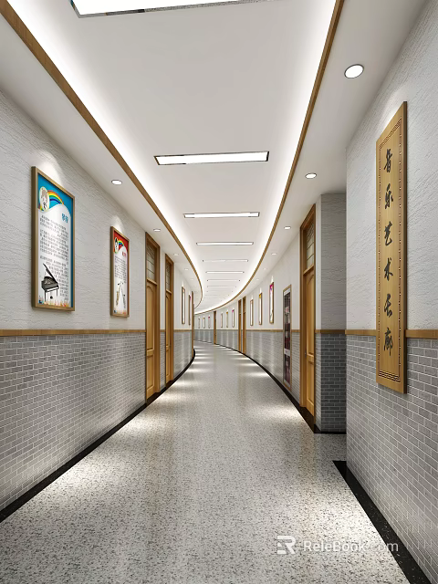 Elevator Corridor With Decorative Paintings And Calligraphy 3d model