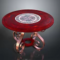 Round Red Table With Copper Curved Legs And Decorative Center Pattern 3d model