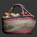 Assorted Fresh Vegetables in Woven Basket with Pink Blue Trim Carrots Sweet Potatoes Radishes